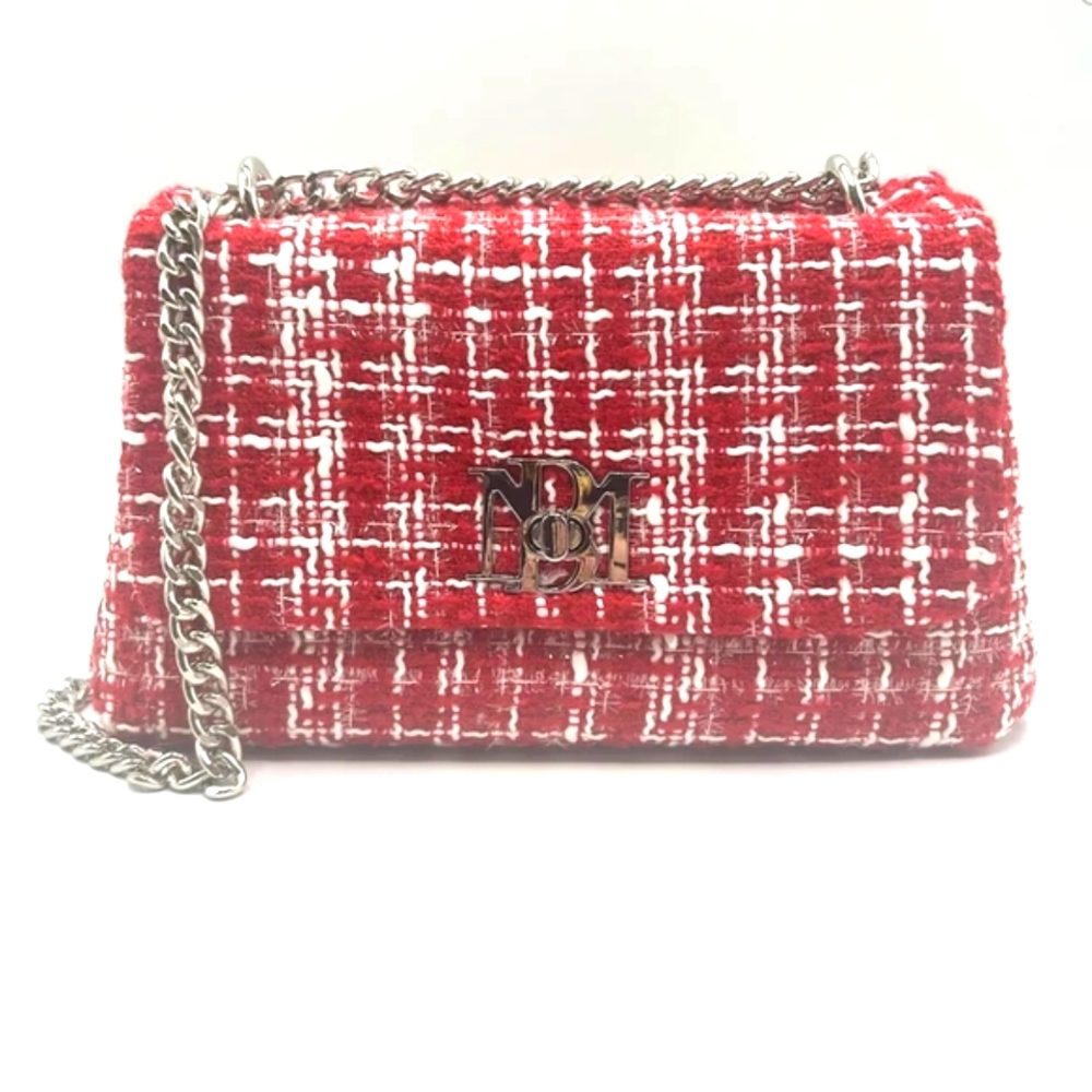 Badgley Mischka Red and White Tweed Shoulder Bag with Silver Chain NWOT